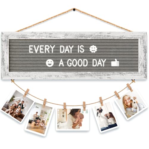 CJIAWYS Picture Frames Hanging Display Wooden Board, Felt Letter Board with 340 Letters and 15 Clips, Photo Frames Collage Wall Decor for Family Birthday Mothers Day Party Gifts - color: White Frame and Grey Felt (1 Hemp Ropes)