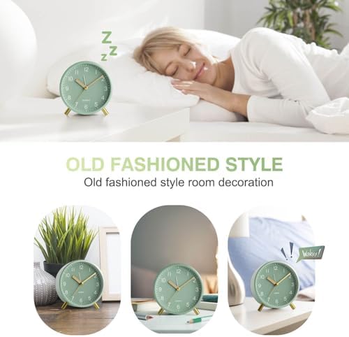 Analog Alarm Clock, Silent Non-Ticking with Night Light, Fashionable Round Metal Alarm Clock for Office, Battery Operated, Bedroom, Elderly, Adults, Children, Student Gifts