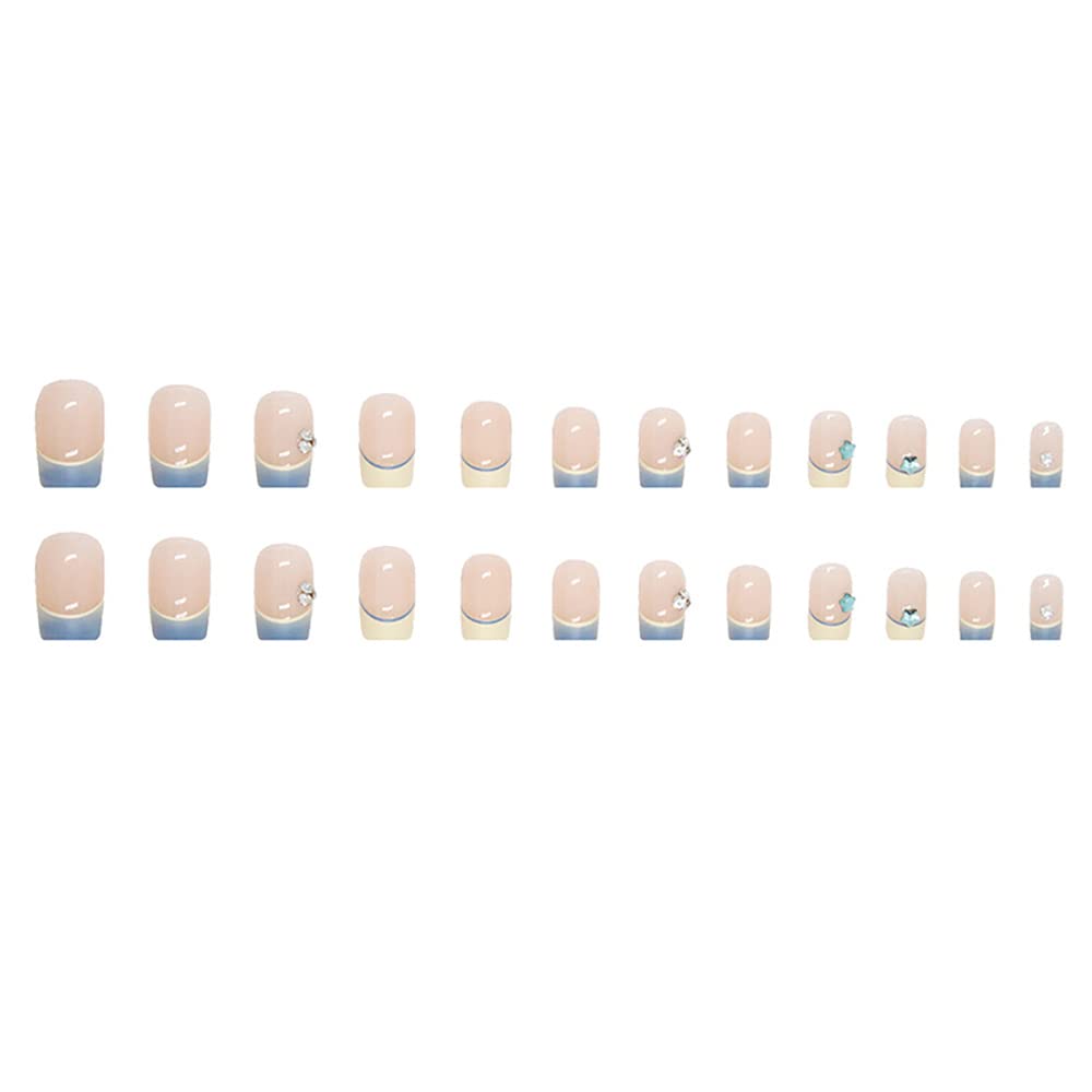 DOUBNINE Press On False Nails Medium Coffin Square Rhinestone Star Fake Nails Ocean Blue French Tip Ballerina Gradient Acrylic Full Cover Bling Summer False Nails for Women