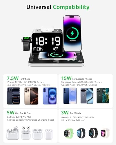 Acer Gadget 7-in-1 Wireless Charging Station Charger Stand for Multiple Devices for Apple - iPhone 17 16 15 14 13 12 Pro Max Apple Watch Airpods, Wireless iPhone Charger Station with Bluetooth TimeSyn