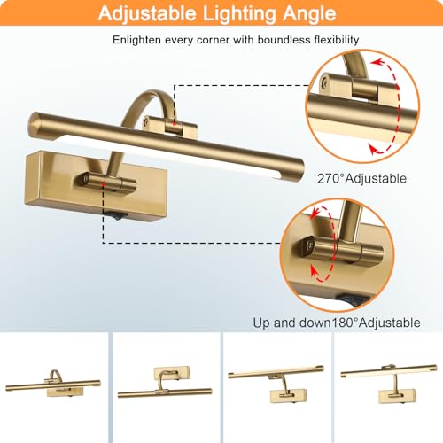 Tassuowell Rechargeable Picture Light with Remote Control,12 Inch Brass Finish Adjustable Wireless Art Lighting Fixture,Painting Lights with Timer,3 Color Temperature and Dimmable - color: Brass, size: 12inch