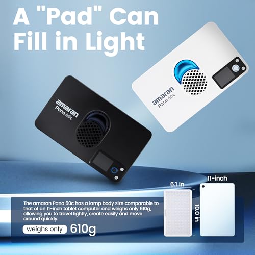 Amaran Pano 60C RGBWW Video Panel Light,Color Temperature 2500K-7500K,60W,CCT 2,300K-10,000K,12 Lighting Efects,App Control,Support USB-C PD,with Softboxes and Carrying Case (Amaran Pano 60c)