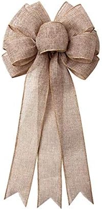 Burlap Bow Holiday Wreath Bow DIY Crafts Rustic Jute Bowknot Ornaments for Christmas Tree Topper Wedding Party Decorations, 9.8x21.6 in