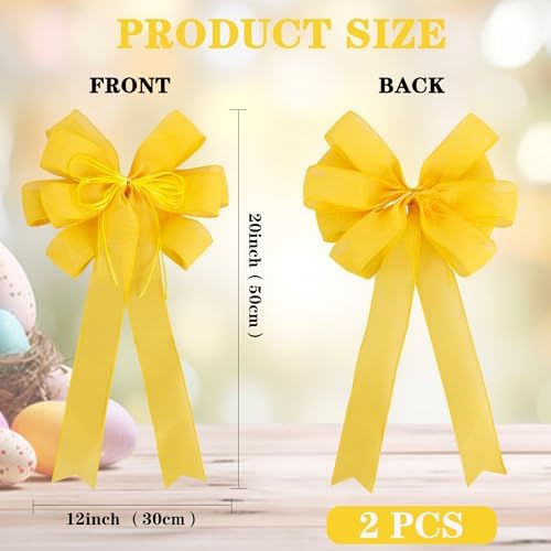 2 Pack Yellow Christmas Tree Bows 12x20inch Large Burlap Wreath Bow with Glitter String for Fall Thanksgiving Tree Topper,Home Front Door Decor,Easter Bow,Valentines and Party Decor