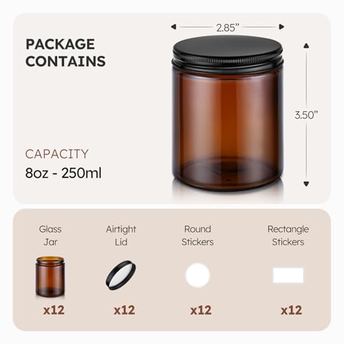 8 oz Amber Glass Jars with Metal Lids, 12 Pack Amber Small Glass Jars with Black Lids, Lotion Container Empty Cosmetic Travel Containers for Sample, Cream, Lotion, Honey, Powder - color: Amber-Metal Lids, size: 8 Ounces