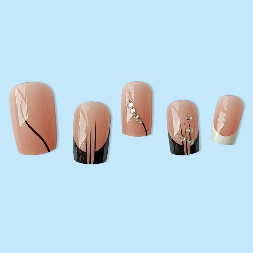 RikView French Tip Press on Nails Medium Acrylic Nails White Nails Black Stick on Nails with Rhinestones Coffin Fake Nails