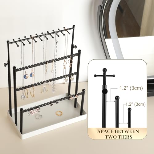 Tirzah 3-Tier Adjustable Earring Necklace Holder Organizer Stand, Black Jewelry Display Tree with 105 Slots, 10 Double-Sided Hooks, White Tray for Women, Girls - color: White & Black, for Necklace Earring