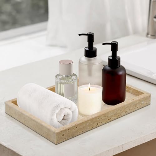 Travertine Tray,Bathroom Vanity Tray Non-Ceramic/Non-Resin,Marble Perfume Decorative Tray 12 x 8 inch (Travertine) - color: Travertine