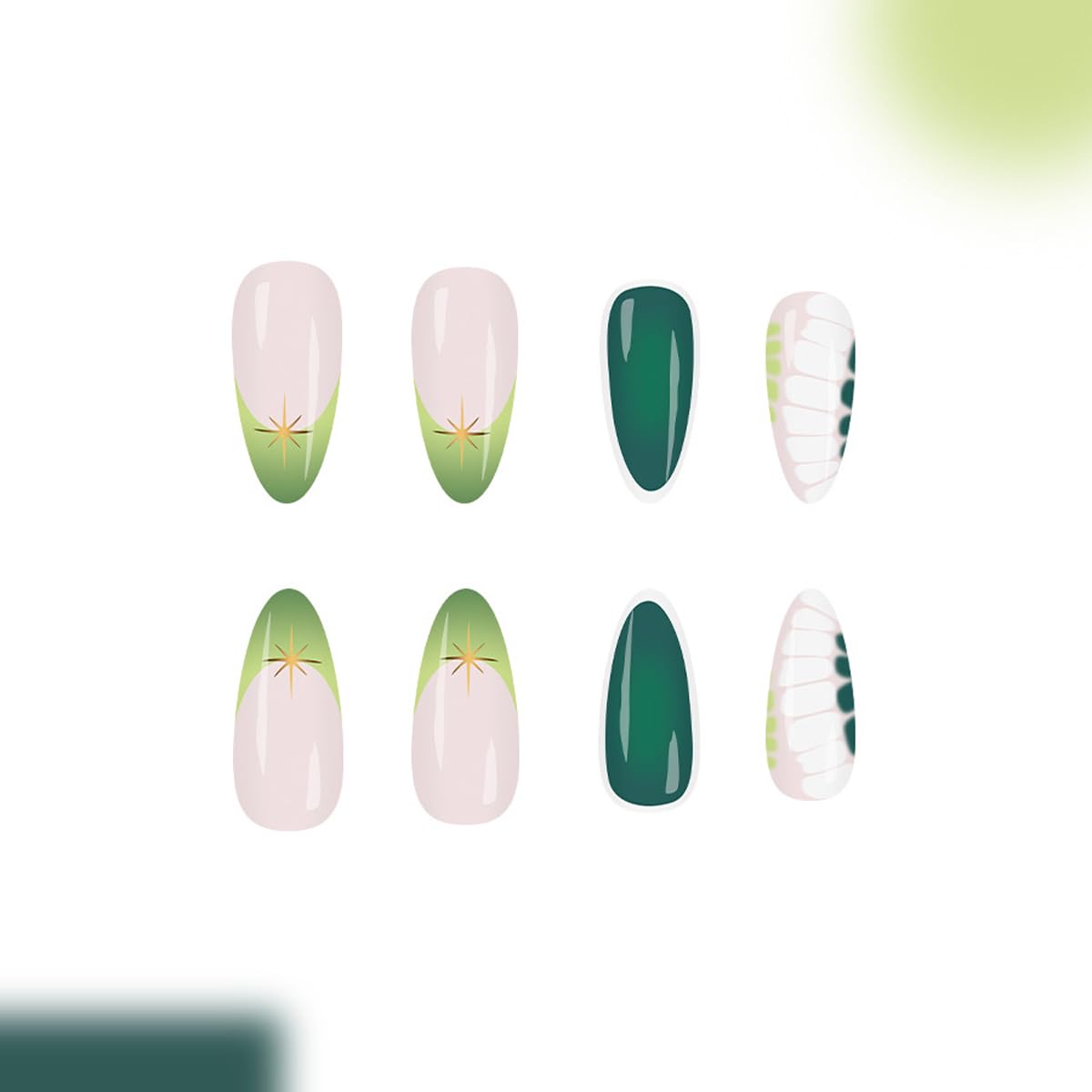 Spring Press on False Nails Green French Tip Fake Nails Medium Almond Glue on Nails with Marble, Gold Star Designs Glossy Press ons Stick on Nail for Women Manicure 24Pcs
