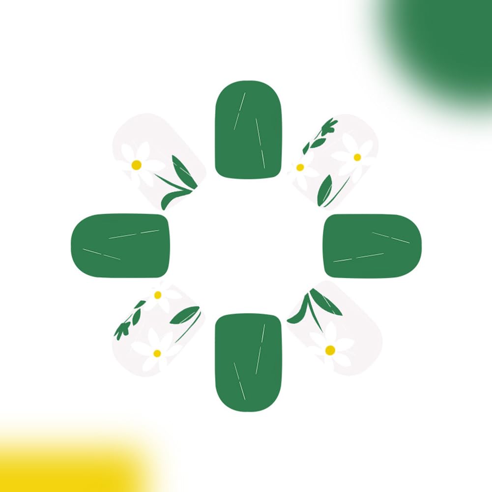 RUPOFUZA Press on Nails Square Short Green Fake False Nails with Lovely White Flowers Design Stick on Nail Full Cover Acrylic Artificial Extra Short Glue on Nail for Women 24Pcs