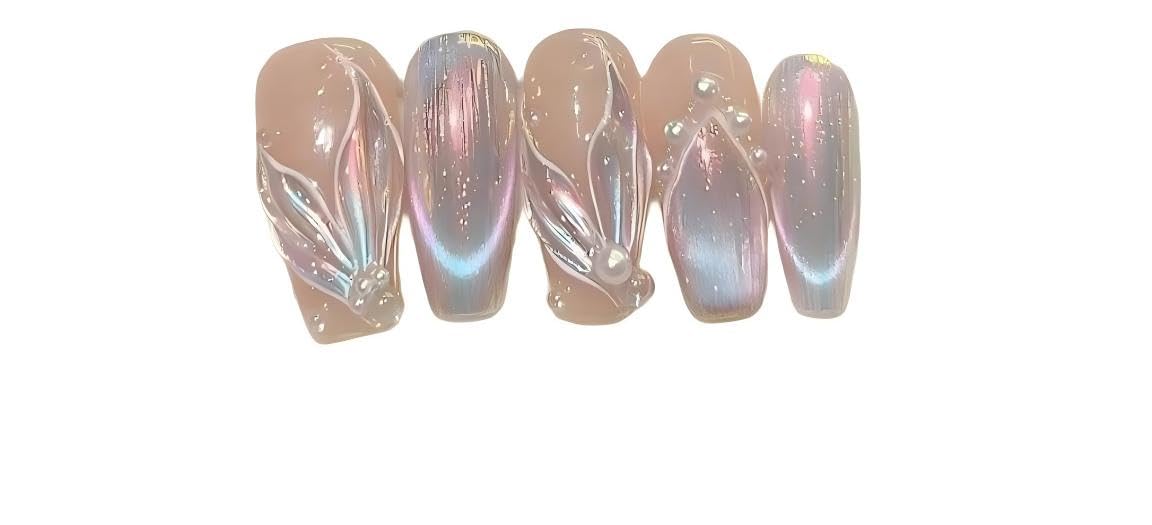 Pink Mermaid Tail Press On Nails, Medium Coffin Shape, Aurora Glitter Pearl False Nails for Special Occasions (S)