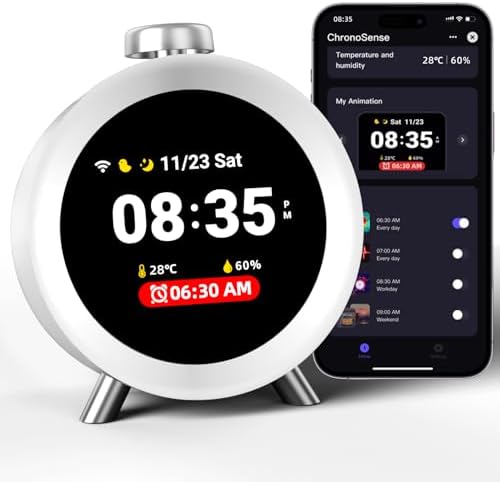 Dekala ChronoSense Smart Alarm Clock for Bedroom Temperature Humidity, 7-Day Programmable 4 Alarms, 100dB Loud Gradual Alarm for Heavy Sleeper, Hourly Chime, White Noise Sound Machine, App Control