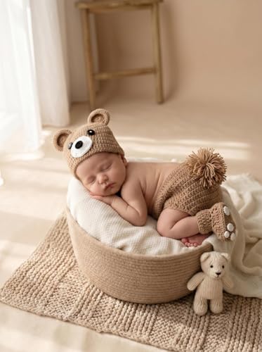 Newborn Baby Photo Shoot Props Girl Boy Crochet Knit Hat Costume Stripe Hat Pants Overalls Photography Props - color: Khaki