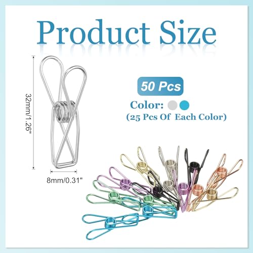 PATIKIL 50Pcs Paper Office Binder Clips, 1.26" Small Metal Wire Hollow Out Paper Clamps Long Tail Binder Clips for Photo Clothes Hanging Office Home Kitchen Food Package, Silver/Blue - color: Silver/Blue
