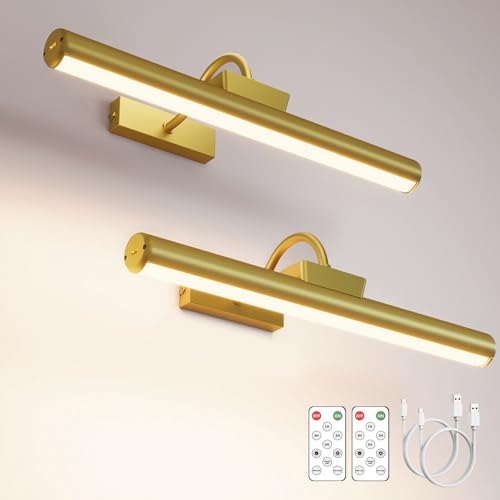 16in Wireless Picture Light with Remote, Battery Operated Picture Lights for Wall 5000mAh, 3 Color Modes and Dimmable LED Art Lighting with Timer for Painting, Frame, Gallery, Bedroom (Gold-2Pack) - color: Gold, size: 2Pack-16in