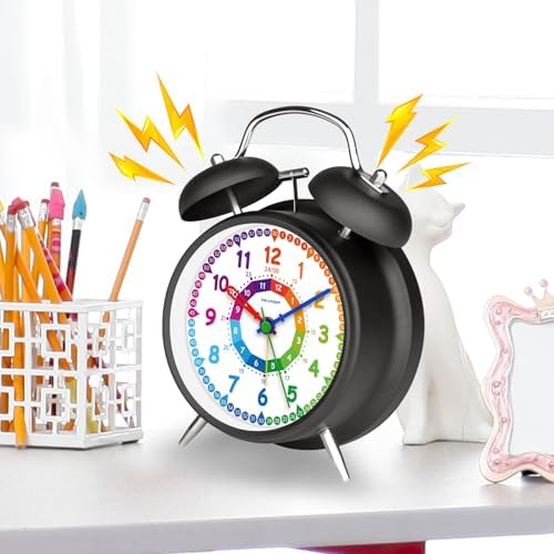 Peakeep Learning Clock for Kids Time Teaching, Loud Alarm to Wake Up | 4.5" Twin Bell Alarm Clock Battery Operated for Teenagers Kids, Kids' Room (Black)