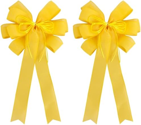 2 Pack Yellow Christmas Tree Bows 12x20inch Large Burlap Wreath Bow with Glitter String for Fall Thanksgiving Tree Topper,Home Front Door Decor,Easter Bow,Valentines and Party Decor