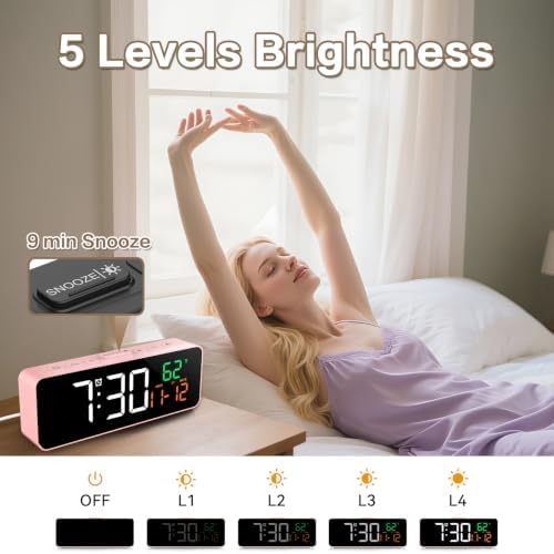 Netzu 3-in-1 Digital Clocks for Living Room, Small & Compact Alarm Clock | Temperature, Date & Time Display, 4 Birghtness, 3 Volumes, Plug-in, for Bedroom, Office