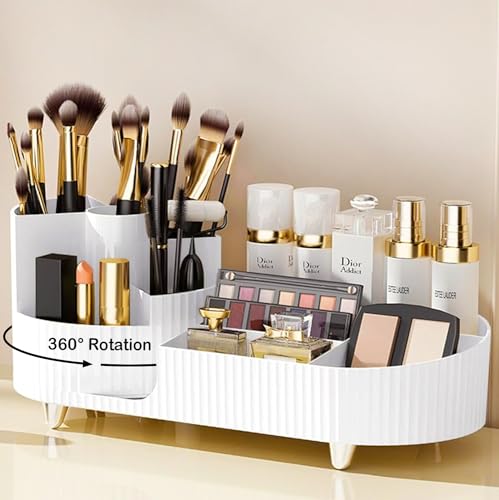 Rotating Vanity Organizer with Brush Holder, Large Spinning Makeup Skincare & Cosmetic Organizer, Countertop Perfume & Lotions Display Case (White) - color: Pure White