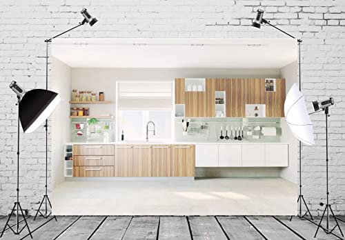 BELECO 5x4ft Fabric Modern Kitchen Backdrop Cooking Baking Background Wall Cabinet Cupboard Kitchenware Window Background Selfie Photoshoot Online Teaching Video YouTube Studio Photography Props