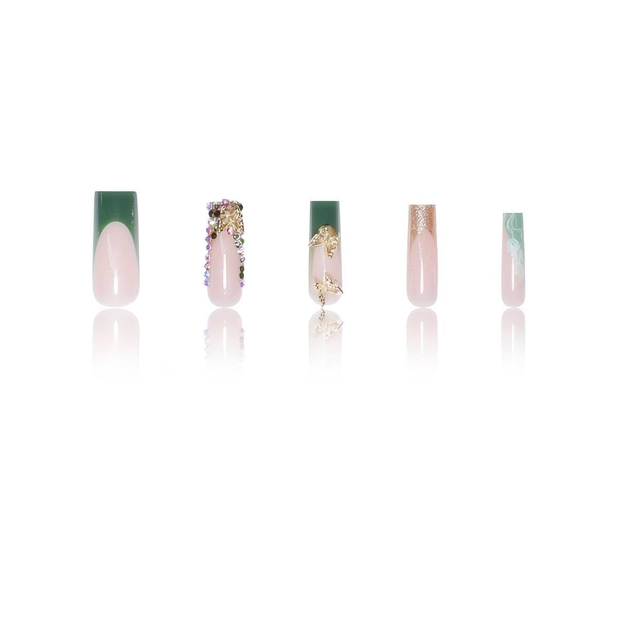 Rchovsam Long Press on Nails Square French Tip Fake Nails with Gold 3D Butterfly Designs False Nails Sparkly Artificial Stick on Nails for Women