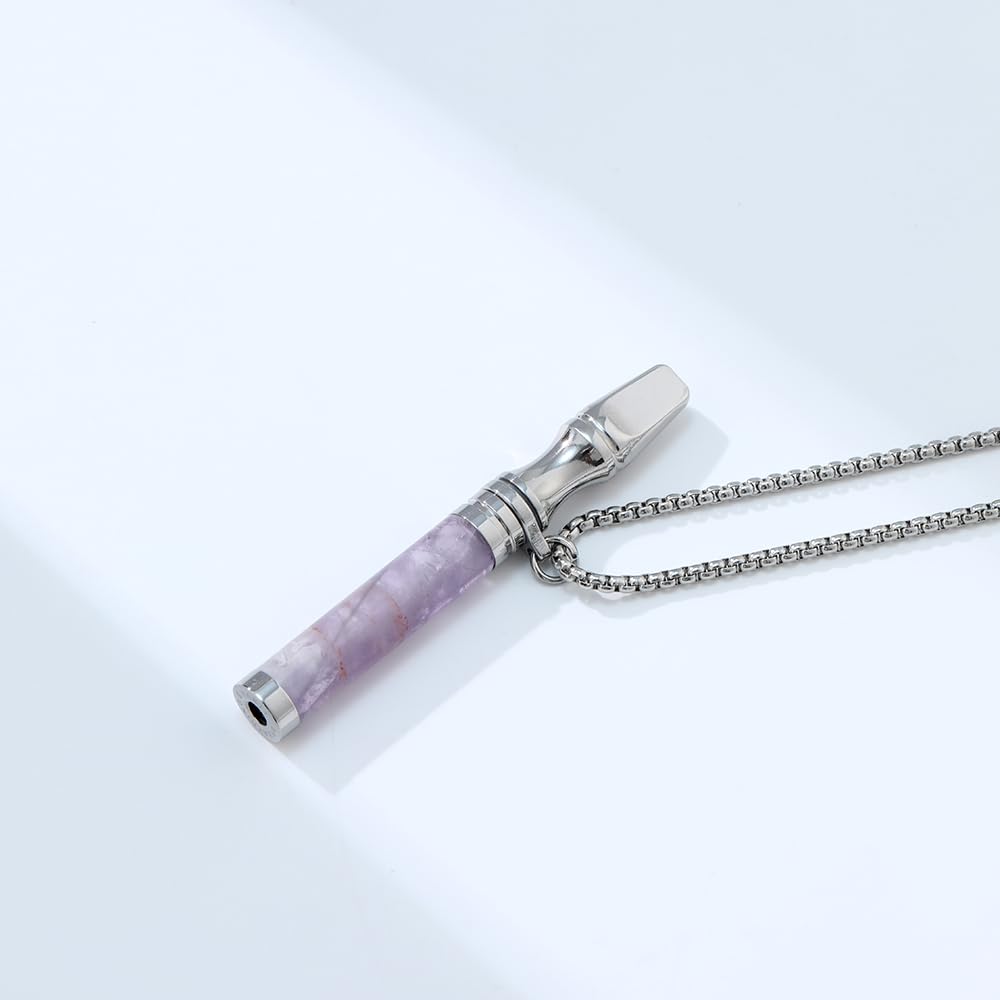 Anxiety Breathing Necklace Meditation Natural Crystal & Stone Breathe Necklace Stainless Steel Quit Vaping tools Mindfulness Pendant Stress Relief & Natural Calm (Amethyst)