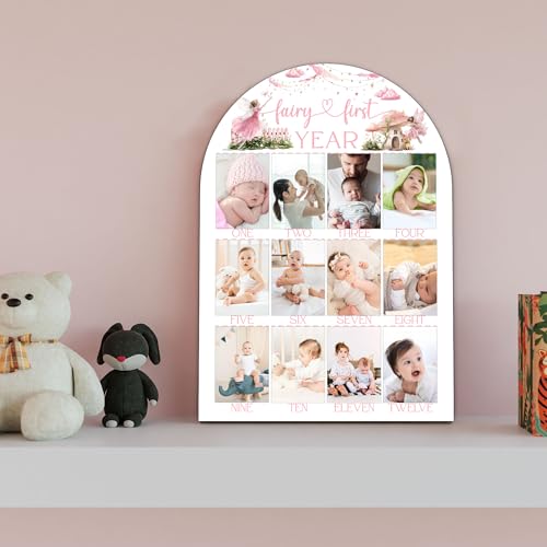 My Fairy First Year Photo Board, Fairy First Birthday Decoration Photo Frame, 12 Monthly Baby Milestone Wooden Sign, Pink Nursery Decor for Girl Boy, Gender Neutral Baby Keepsake Gifts-A13