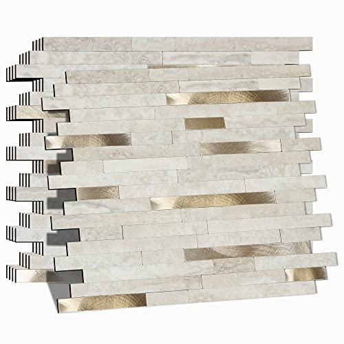 Peel and Stick Backsplash for Kitchen, Self-Adhesive Metal Gold Beige Marble Subway Tiles Decorate Kitchens Bathrooms Laundry Fireplaces, 10-Sheets - color: Metal Gold Beige