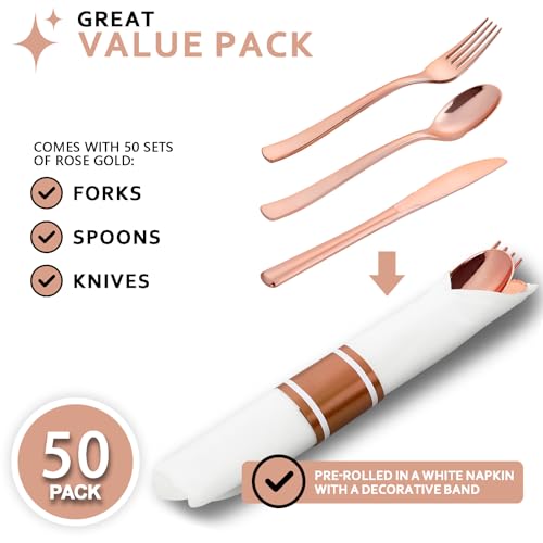 50Guests Pre Rolled Rose Gold Plastic Silverware Sets - Heavy Duty Rose Gold Cutlery - Include 50 Pack Wrapped Disposable Utensils with Napkins for Parties, Dinners & Weddings & Mother's Day - color: 50Pack - Rose Gold