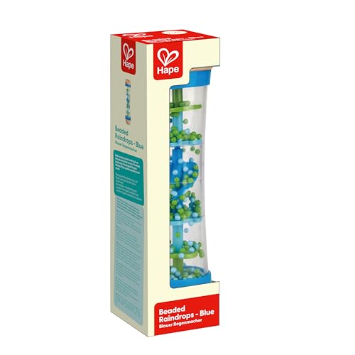 Hape Beaded Raindrops | Mini Wooden Musical Shake & Rattle Rainmaker Toy, Blue, Model Number: E0328B