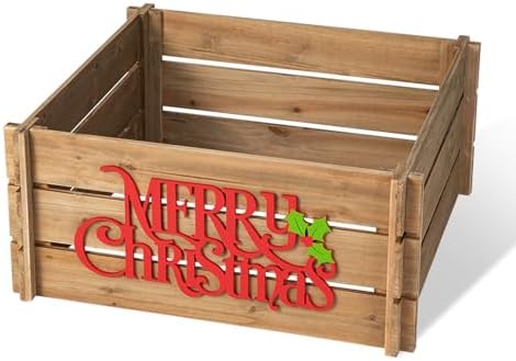 Glitzhome 24" L Christmas Tree Collar, Natural Wooden Merry Christmas Solid Wood Crate Tree Base Cover Farmhouse Tree Collar Christmas Tree Skirt for Artificial Trees