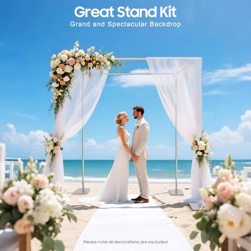 Wedding Arch Backdrop Stand, 9.84 x 9.84 Feet Adjustable Height 4 Post Hardware Kit, Portable Background Frame with Square Base for Outdoor Wedding, Birthday Party, Photo Booth Background (Silver)