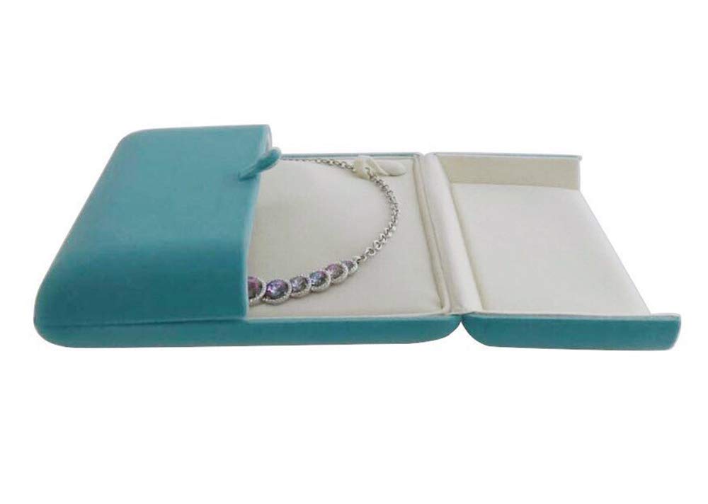 Aqua Teal Velvet Jewelry Box for Large Necklace Luxury Pearl Strand Presentation Case, Tri-Panel Flat Open Design, Button Clip Closure, Cream Velvet Interior, Gift Box for Wedding Birthday