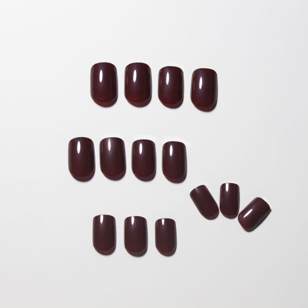 Burgundy Red Press On Nails Short Square, Natural Gel Nails Glue on Fall Colors 2025 Trendy Acrylic Nails Press ons Featured Protective Coat Thick Reusable Fake Nails 24Pcs Short Coffin Nails