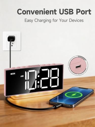 Cadmos Modern Curved Cute Digital Alarm Clock,Colorful Led Display,Adjustable Volume,Weekday/Weekend Mode,Simple Clock for Bedrooms Bedside,Ok to Wake Up for Girls,Kids,Teens (Pink+Dynamic)