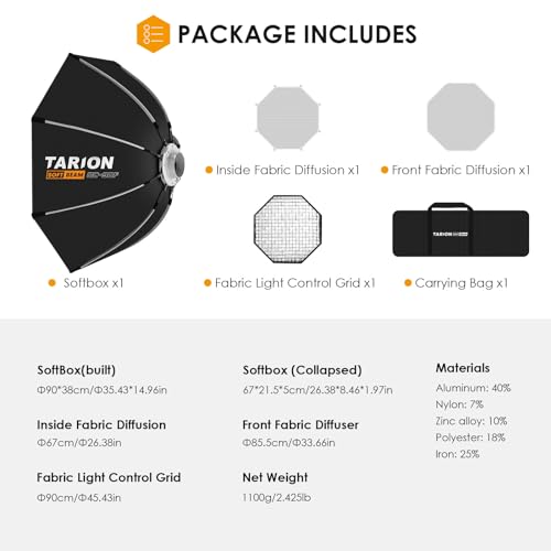 TARION Quick Release Octagonal Softbox - Bowens Mount Softbox with Diffusers/Honeycomb Grid/Carrying Bag for Live Streaming, Photography, Videography (Octagonal 35.4"/90cm) - style: Octagonal 35.4"/90cm