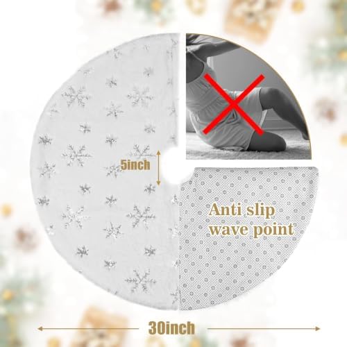 30" White Plush Faux Fur Christmas Tree Skirt with Silver Sequin Snowflakes