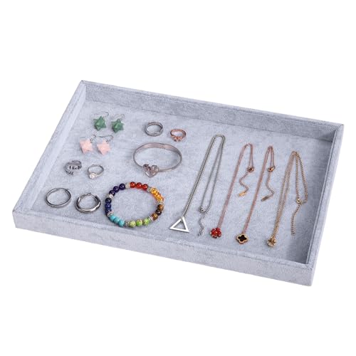 2 Pcs 13.8" x 9.5" Velvet Jewelry Tray Jewelry Display Tray Flat Tray, Stackable Empty Plate Trays for Earrings Necklaces Bracelet Rings Display Showcase - Grey - color: Grey, size: Flat Tray 13.8"x9.5"