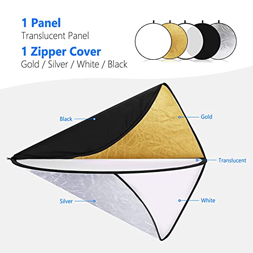 NEEWER 22 Inch/60 Centimeter Light Reflector Light Diffuser 5 in 1 Collapsible Multi Disc with Bag - Translucent, Silver, Gold, White, and Black for Studio Photography Lighting and Outdoor Lighting - size: 60cm