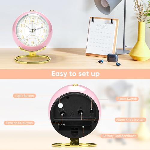 Analog Alarm Clocks,Retro Backlight Cute Simple design Small desk Clock With Night Light,Silent Non-Ticking,Battery Powered,For Kids,teens,Bedroom,travel,kitchen,Bedside Desk decor. (Light pink)