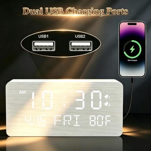 Premium White Wooden Digital Alarm Clock with Wireless Phone Charger, USB Charging Ports, Dimmable LED Display, Date & Day of Week, Temperature, Digital Desk Clock for Bedroom Nightstand Bedside Table