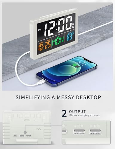 JALL Digital Clock with Date Day for Seniors, Electric Alarm Clocks for Bedrooms with Temperature, 2 Alarms, Dimmer, Dual USB Charger, Battery Backup, Volume Control, Snooze, Bedside Desk Clock, White