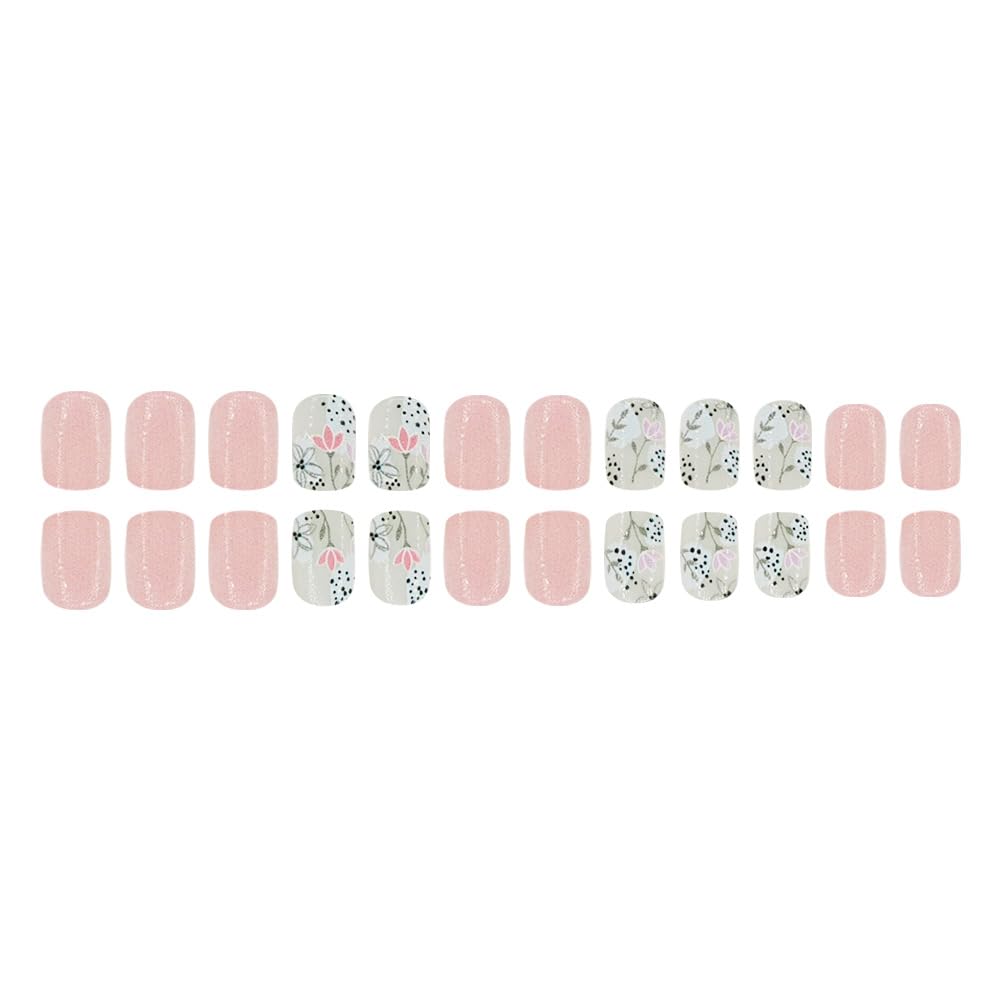 Pink Flower Press on Nails Short Square Fake Nails Cute Floral False Nails Full Cover Glue on Nails Artificial Acrylic Stick on Nails Spring Nude Pink Fake Nails for Women Manicure Kit 24Pcs