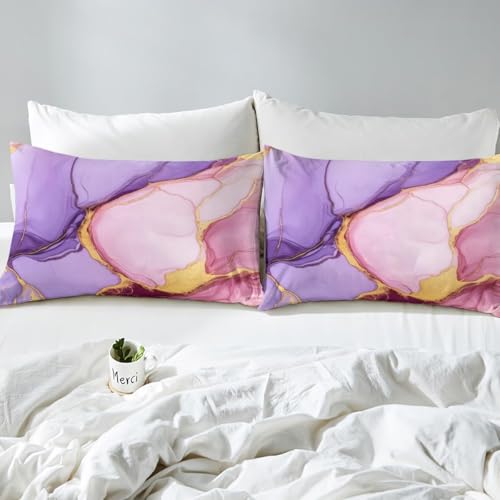 Marble Sheet Set - Pink Purple Gold Bed Sheets,Soft Modern Marble Texture Pattern Sheets,King Size 4-Piece Girly Bedding Sheets & Pillowcases Sets (1 Fitted Sheet,1 Top Sheet,2 Pillowcases) - color: Multi 01, size: King