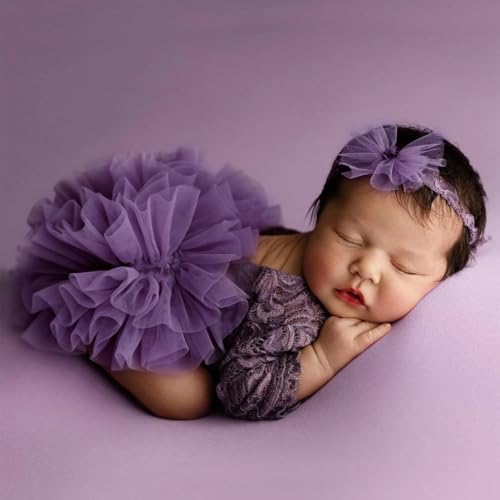 Newborn Photography Outfits Girl Baby Photography Props Lace Romper With headband Baby Photo Outfits Girls Photo Props - color: Purple