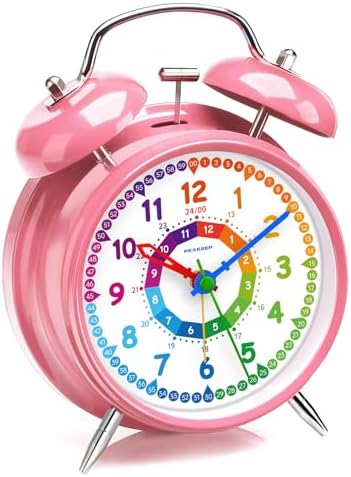 Peakeep Learning Clock for Kids Time Teaching, Loud Alarm to Wake Up | 4.5" Twin Bell Alarm Clock Battery Operated for Teenagers Kids, Kids' Room (Pink)