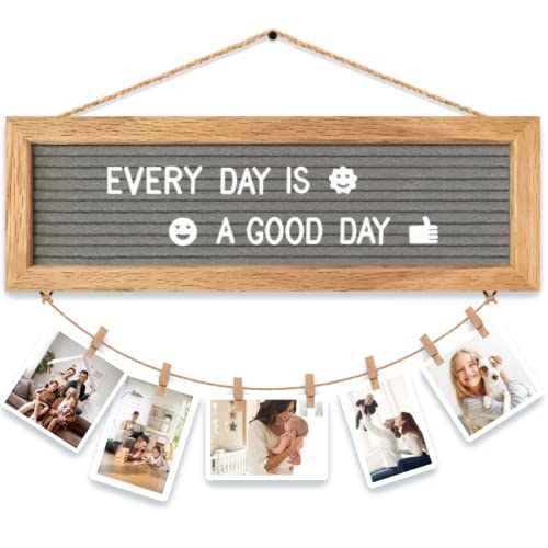 CJIAWYS Picture Frames Collage Wall Decor Collage Picture Frames for Wall, Felt Letter Board with 340 Letters and 15 Clips, Unique Rustic DIY Photo Frames for Birthday Best Friend Family Party Gifts - color: Oak Frame and Grey Felt (1 Hemp Ropes)