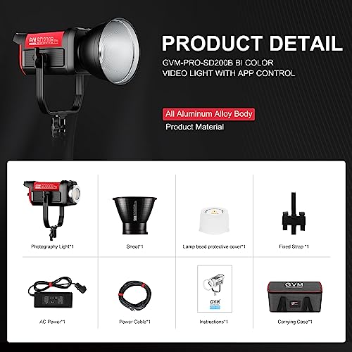 GVM 200W LED Video Light, 2700K-6800K Continuous Output Lighting LED COB Light with DMX/Bluetooth App Control, YouTube Studio Light for Film Recording Photography, CRI 97+ - size: 200W