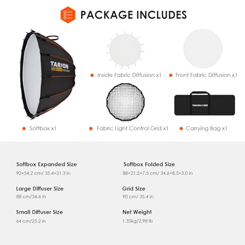 TARION Quick Release Parabolic Softbox - Bowens Mount Softbox with Diffusers/Honeycomb Grid/Carrying Bag for Live Streaming, Photography, Videography (Parabolic 35.4"/90cm) - style: Parabolic 35.4"/90cm