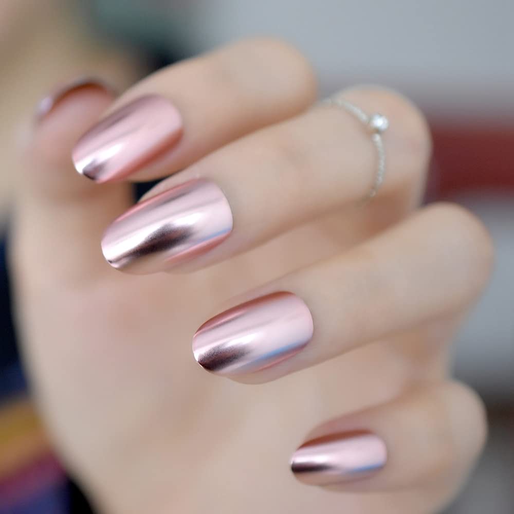 Pink Metal Mirror Press on Nails - iMABC False Nails - Oval Short Length Chrome Designed Finger Daily Wear Nail Acrylic Reusable Full Cover Solid Color Artificial Fake Nails 24pcs